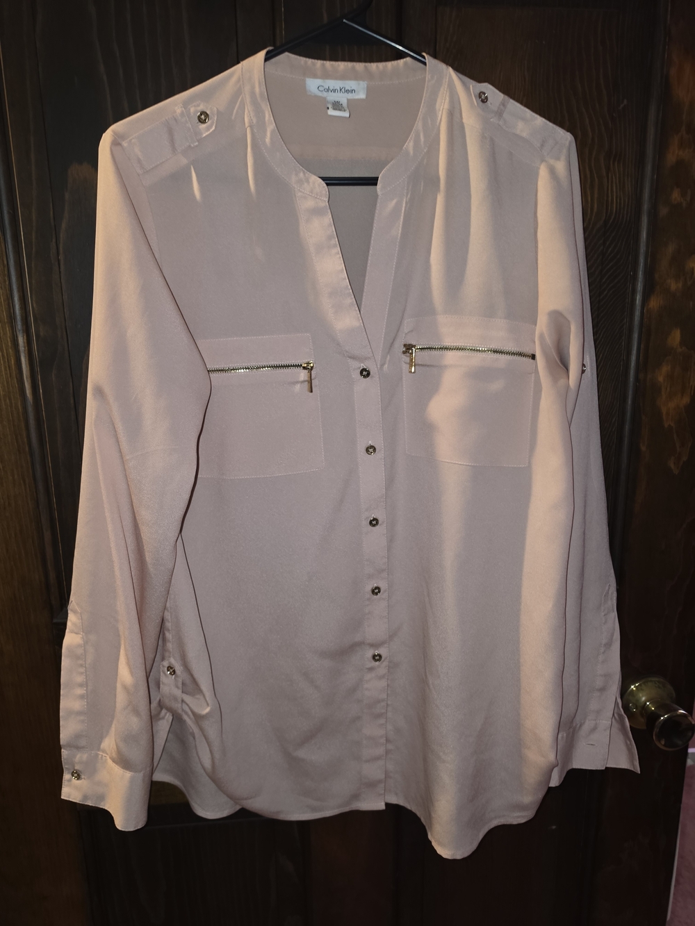 Calvin Klein Light Blush Pink Button-Front Blouse with Gold Zippers